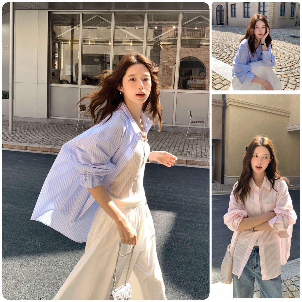 เสื้อเชิ้ตแขนยาวลายทาง รุ่นหลวม สีชมพู เสื้อเชิ้ตบาง ลําลองและทันสมัย สวมใส่สบาย