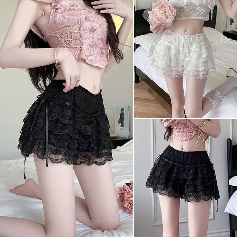 🚚ส่งจากไทย🌟กางเกงขาสั้น กางเกงขาสั้นผู้หญิง เงสม๊อคยืด สีพื้น ดีเทลลูกไม้ แต่งชั้นๆ #F079