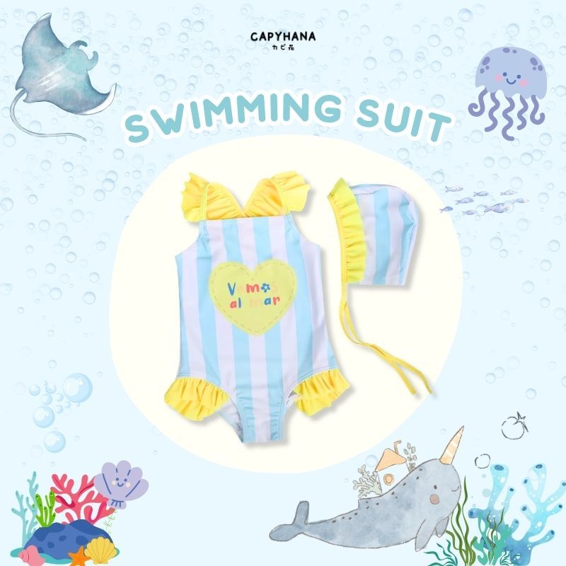 CAPYHANA ชุดว่ายน้ำเด็กทารก ชุดว่ายน้ำเด็กน่ารัก ชุดไปทะเลเด็ก (ชุดว่ายน้ำฟ้า)