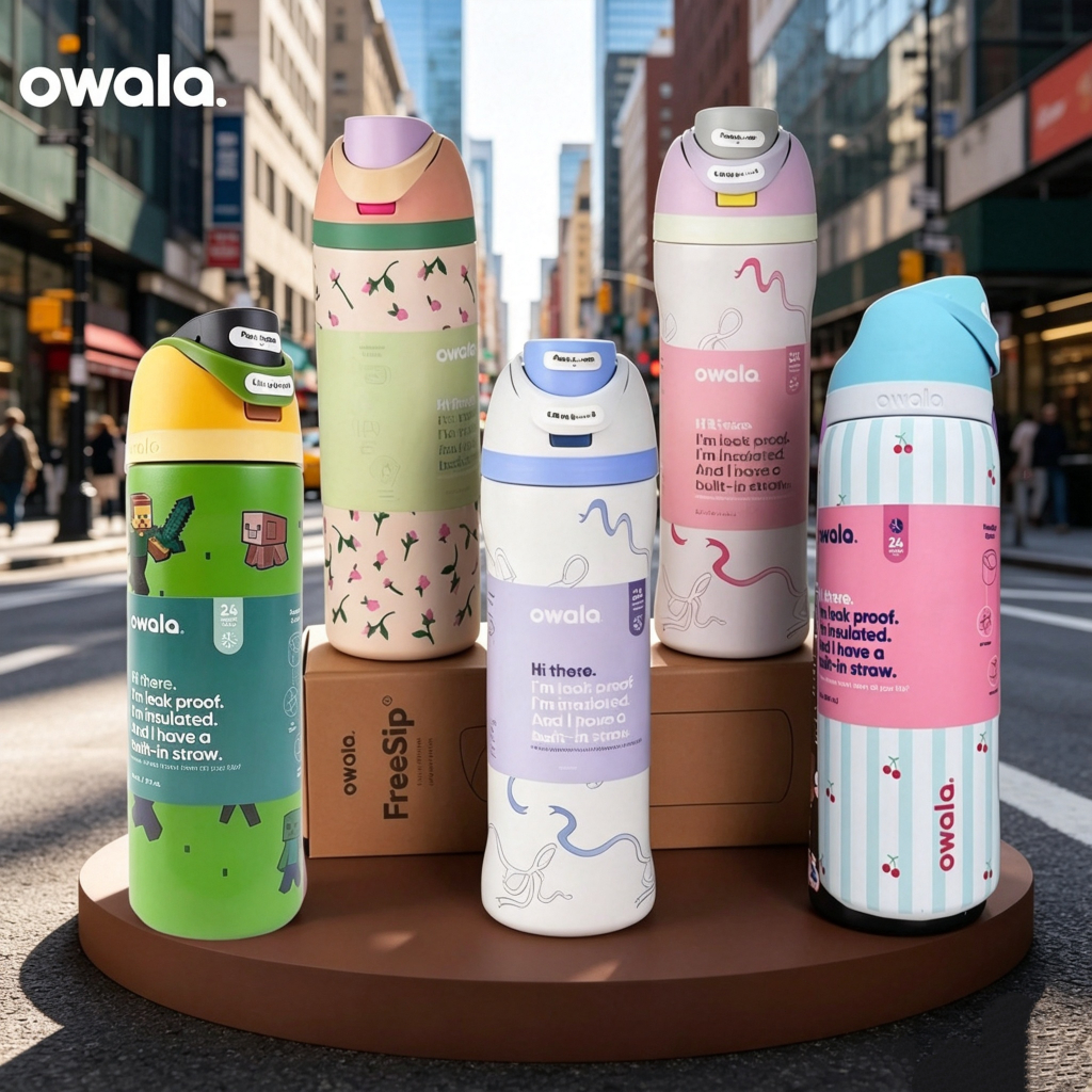 Owala freesip Minecraft 16OZ/24oz/32oz ขวดน้ำเก็บความเย็น กระติกน้ําร้อนขวดน้ําสแตนเลส แถมซองคลุมแก้วและหลอดดื่มฟ