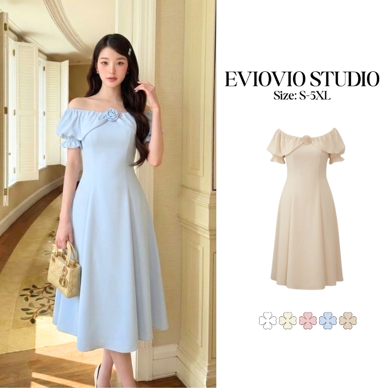 เติมสต๊อกแล้ว🥕【EVIOVIO】S-5XL เดรสยาว ปาดไหล่ ทรงเอไลน์ ระบายพองฟูรอบคอสไตล์เจ้าหญิง ใส่ออกงาน งานแต่ง