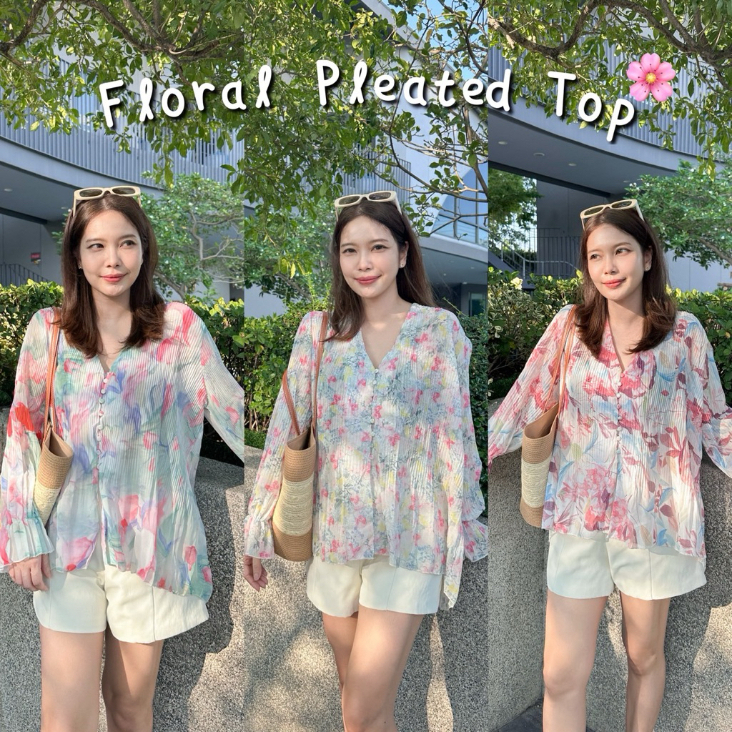 FLORAL PLEATED TOP เสื้อลายดอกรับซัมเมอร์แบบลูกคุณ ผ้าชีฟองอัดพลีท ยืดได้เยอะ กระดุมหน้า พรางหุ่น