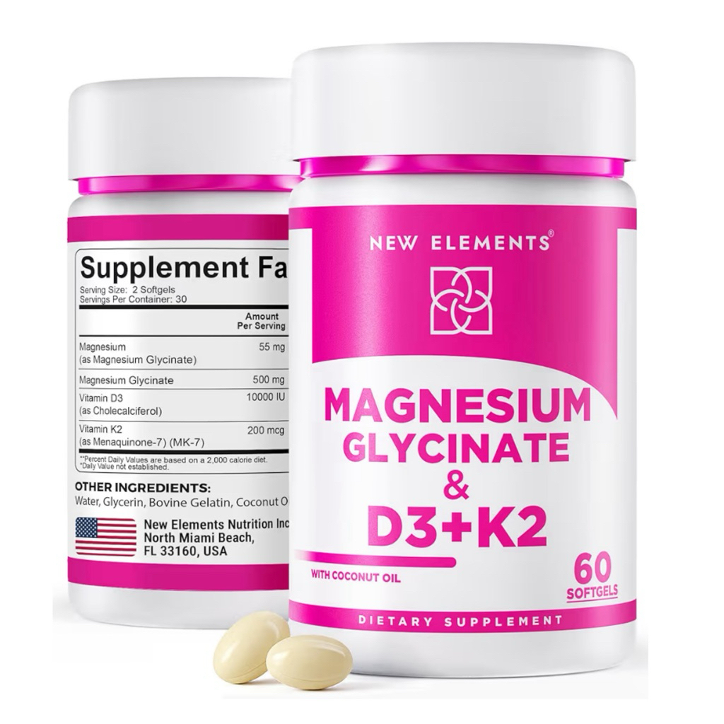 [ NEW ELEMENTS ]❇️ MAGNESIUM GLYCINATE + D3 + K2 ( 3 IN 1 )( 60 SOFTGELS )