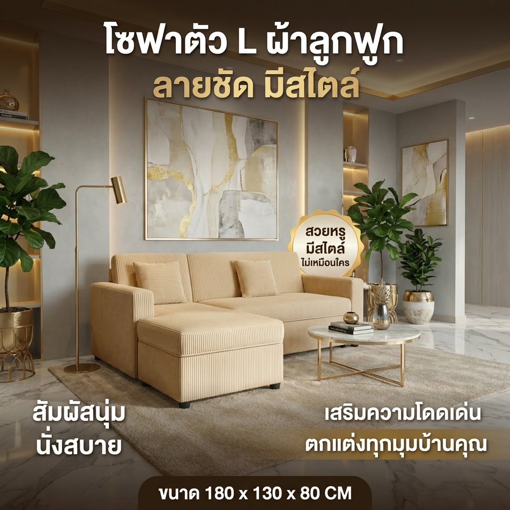 Queencosy โซฟา โซฟาตัวแอลมินิ  รุ่น MODINO แบบผ้าลูกฟูก โซฟาเข้ามุม ออกแบบโมเดริน สินค้ามีประกัน
