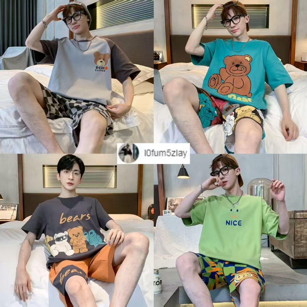 🔥L-4XL ชุดนอนผู้ชาย， ผ้าฝ้ายเนื้อนุ่ม， ลายการ์ตูน，หลากหลายรูปแบบ， ขาสั้น+เสื้อยืด， ได้รับความนิยมอย่างมาก