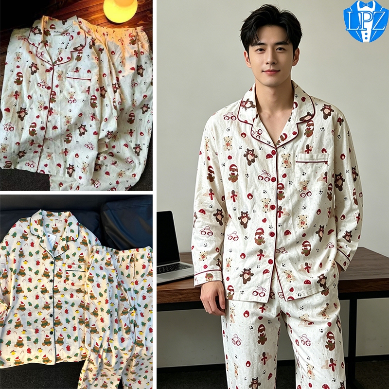LPZ ชุดนอนชาย 2 ชิ้น ผ้าคอตตอนคุณภาพสูง ระบายอากาศได้ดี สวมใส่สบาย สไตล์คริสต์มาส ทรงหลวม เหมาะสำหรับใส่นอน / ใส่ในบ้าน