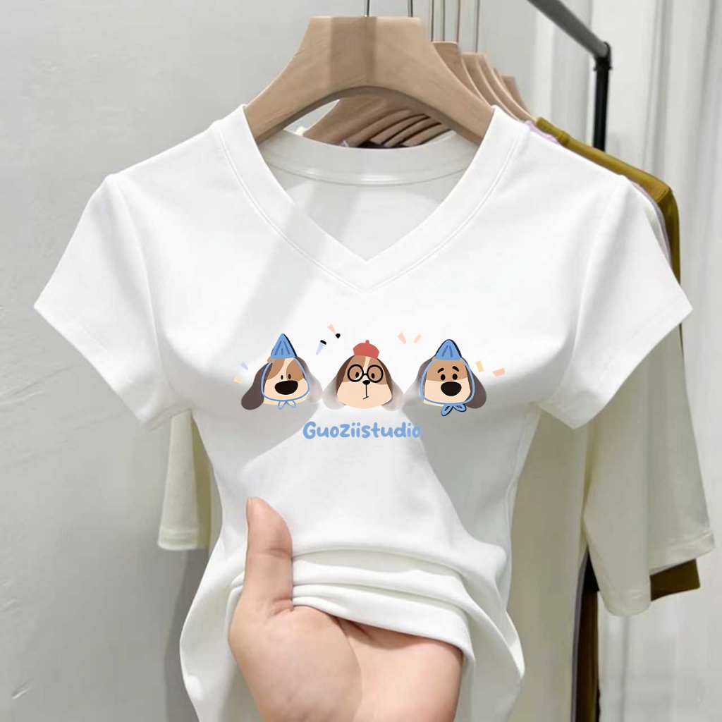 เสื้อยืด V-neck ลายสุนัขน่ารัก สไตล์เกาหลี ใส่สบาย สำหรับผู้หญิง