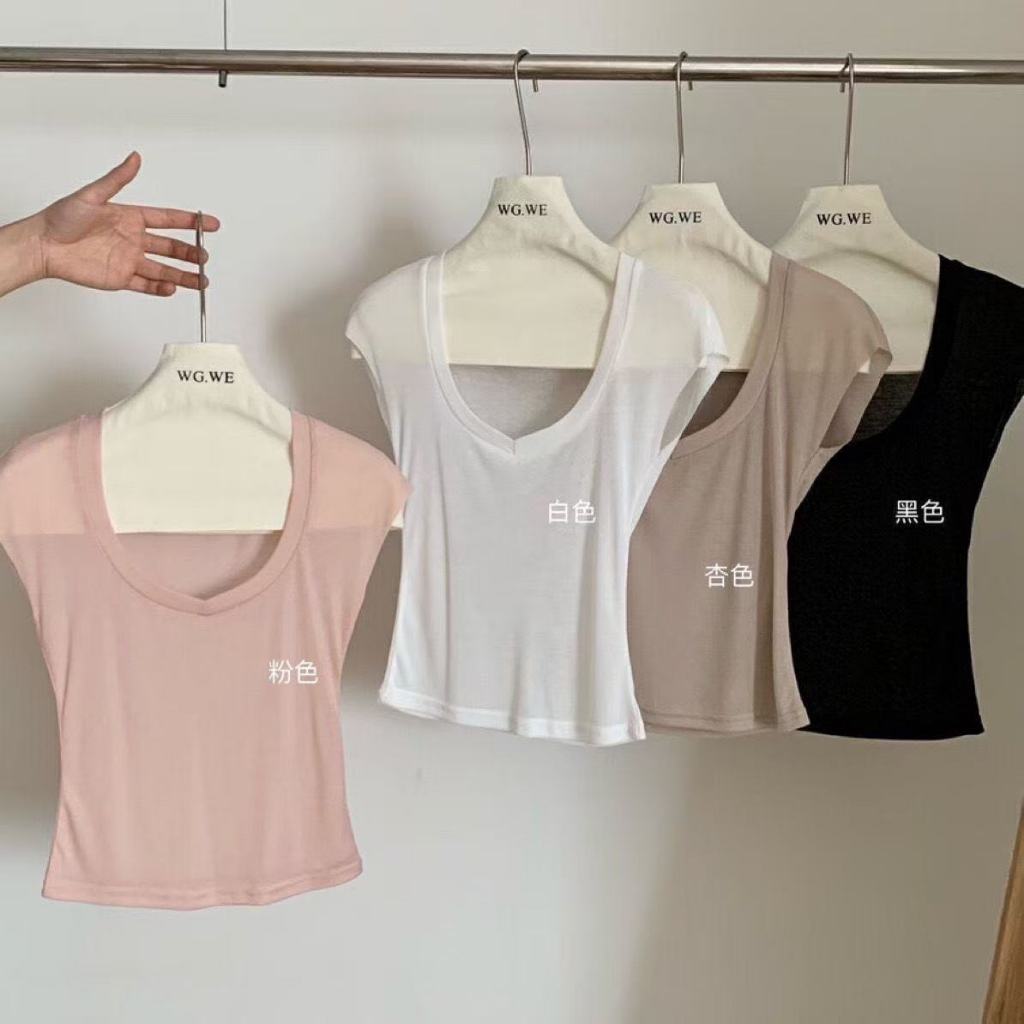 คลังสินค้าพร้อม เสื้อยืดตัวเล็ก ปรารถนาบริสุทธิ์ บาง ทะลุเล็กน้อย คอวี เทนเซล สีขาว แขนสั้น ด้านบน