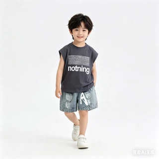 MC243 ชุดแฟชั่นเด็กผู้ชาย 2 ชิ้น เสื้อสีเทา กางเกงยีนส์ ใส่สบาย