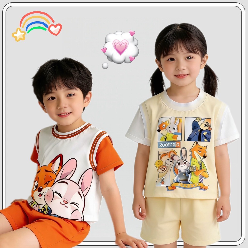 MC226 ชุดเด็กผู้ชาย 2 ชิ้น ลายการ์ตูน เสื้อแขนสั้น กางเกงขาสั้น