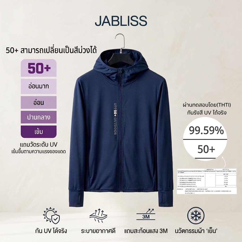 Jablissเสื้อกันแดด ผ้าเย็น ระบายอากาศดีเยี่ยม ทรงUnisex ใส่สบายไม่ร้อน มีใบรับรองกันแดดได้จริง