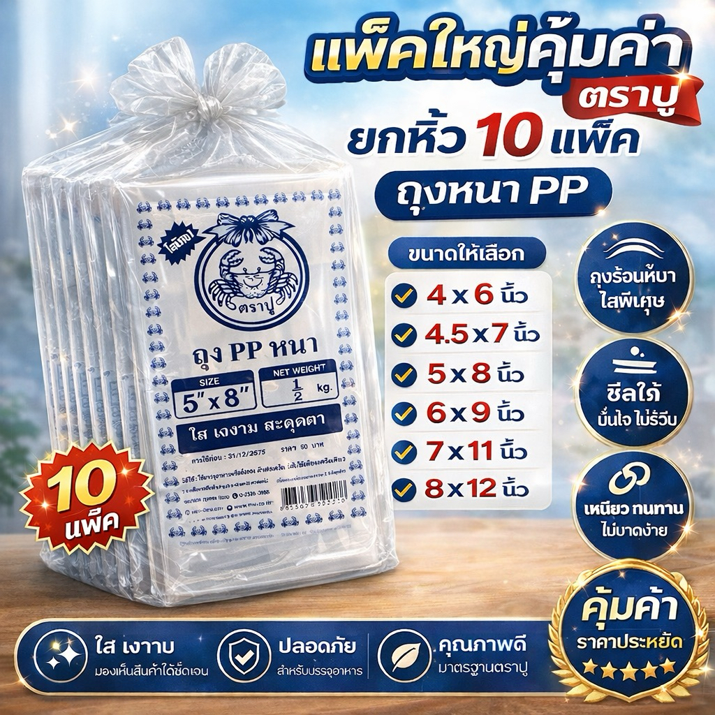 (ยกหิ้ว10แพ็ค) ถุง PP หนา ใส ถุงร้อนหนา ตราปู ชีลได้ (500กรัมx10แพ็ค) ถุงพีพี