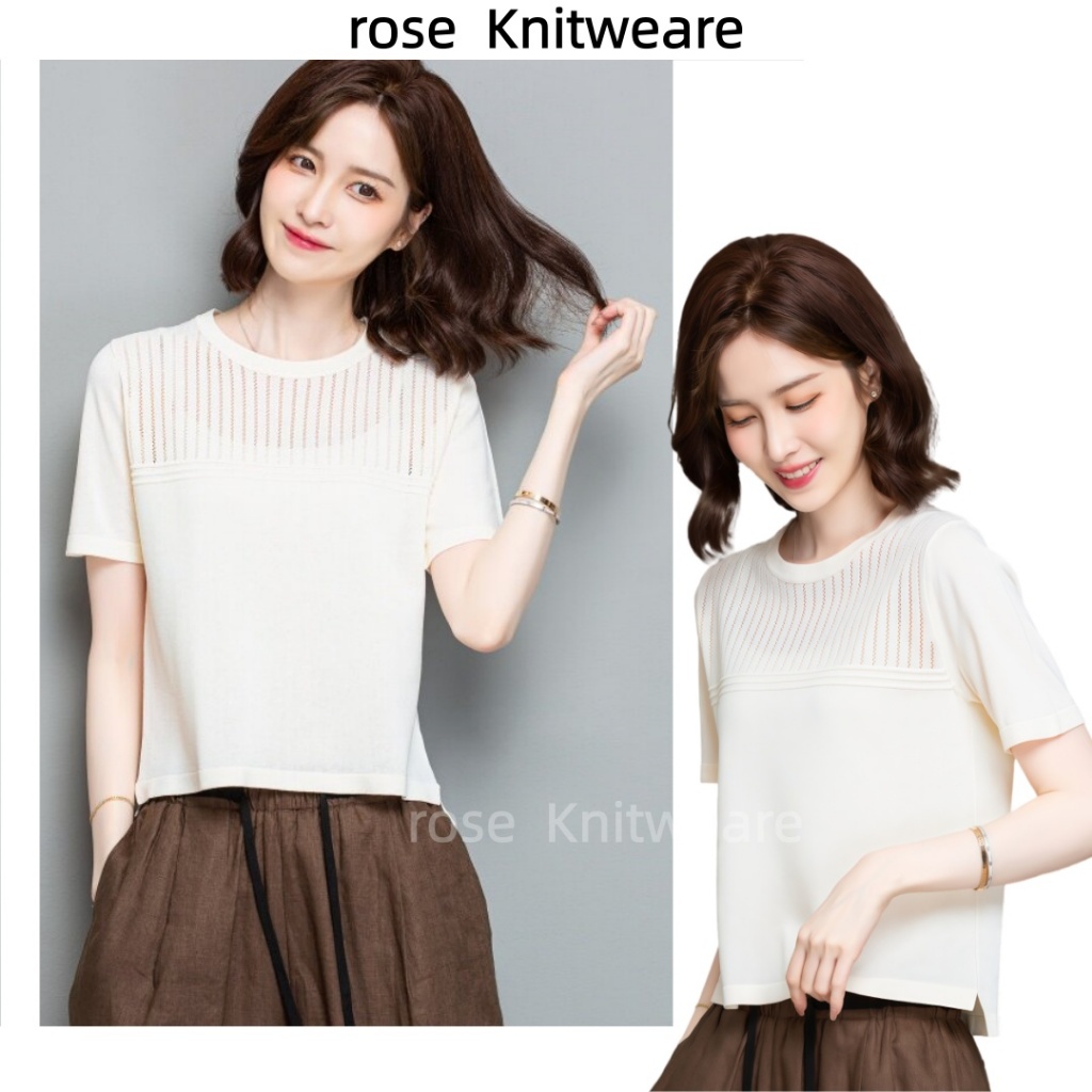 🌟rosecloud🌟เสื้อยืดแขนสั้นถักสำหรับผู้หญิงรุ่นใหม่ ดีไซน์ลำลอง ใส่ได้หลายโอกาส ทรงหลวม ทันสมัย