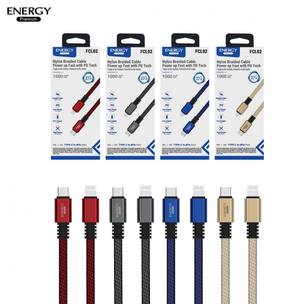 สายชาร์จ Energy Premium FCL02 27W Type-C to IP 8Pin