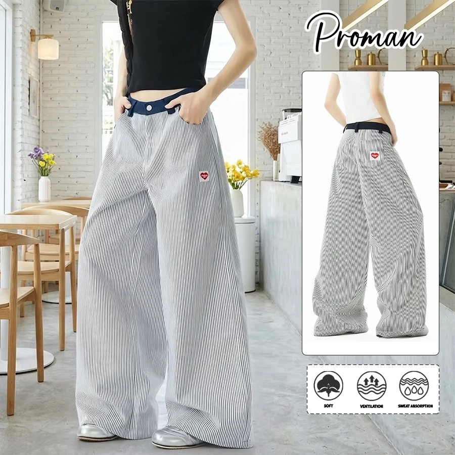 PROMANกางเกงลำลองลายทางแนวตั้ง แบบยูนิเซ็กซ์ สีต่อผสาน สไตล์อเมริกันวินเทจ ขาบาน