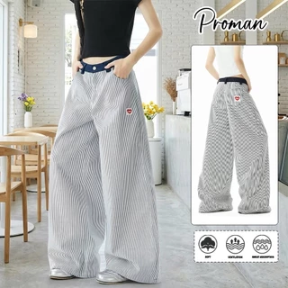 PROMANกางเกงลำลองลายทางแนวตั้ง แบบยูนิเซ็กซ์ สีต่อผสาน สไตล์อเมริกันวินเทจ ขาบาน