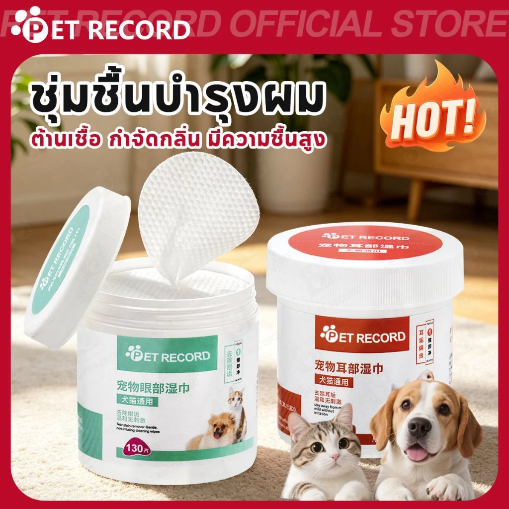 【PET RECORD】🔥ทิชชู่เปียกเช็ดตาหูสุนัขแมว 130 แผ่น แผ่นเช็ดคราบน้ำตา อ่อนโยน ทำความสะอาดง่าย ปลอดภัย