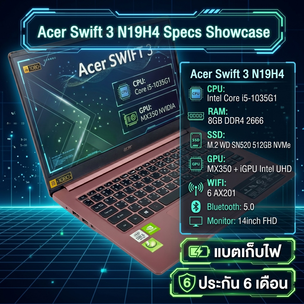 โน้ตบุ๊คมือสอง Acer Swift 3 i5-1035G1 RAM8GB SSD512GB MX350 จอ14" FHD ประกัน 180 วัน
