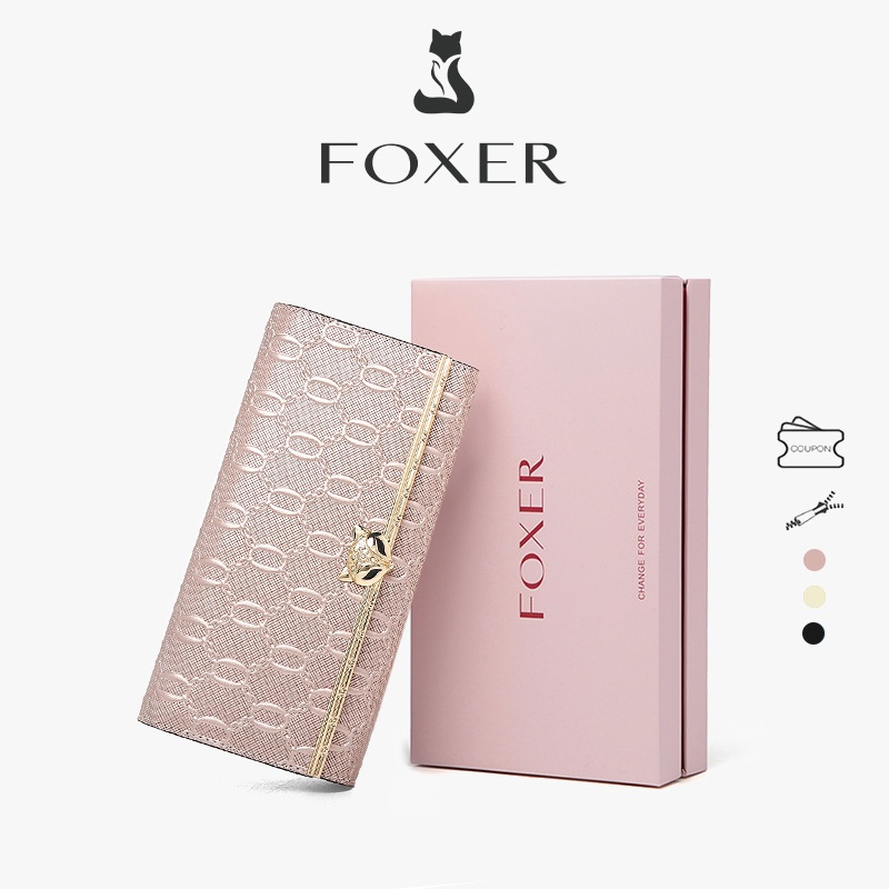FOXER กระเป๋าสตางค์หนังวัว กระเป๋าสตางค์ยาว หรูหรา กระเป๋าสตางค์ผู้หญิง ที่ใส่บัตรแบบพับได้ 3 อัน