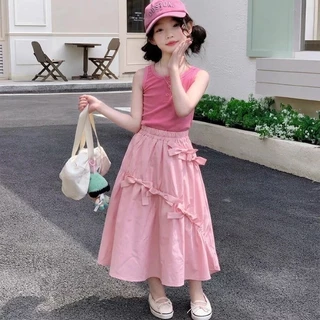 กระโปรงยาวปานกลางผูกโบว์สำหรับเด็กผู้หญิง สไตล์เกาหลี กระโปรงยาวปานกลางที่ใส่ได้หลายโอกาส หวาน น่ารัก และมีสไตล์
