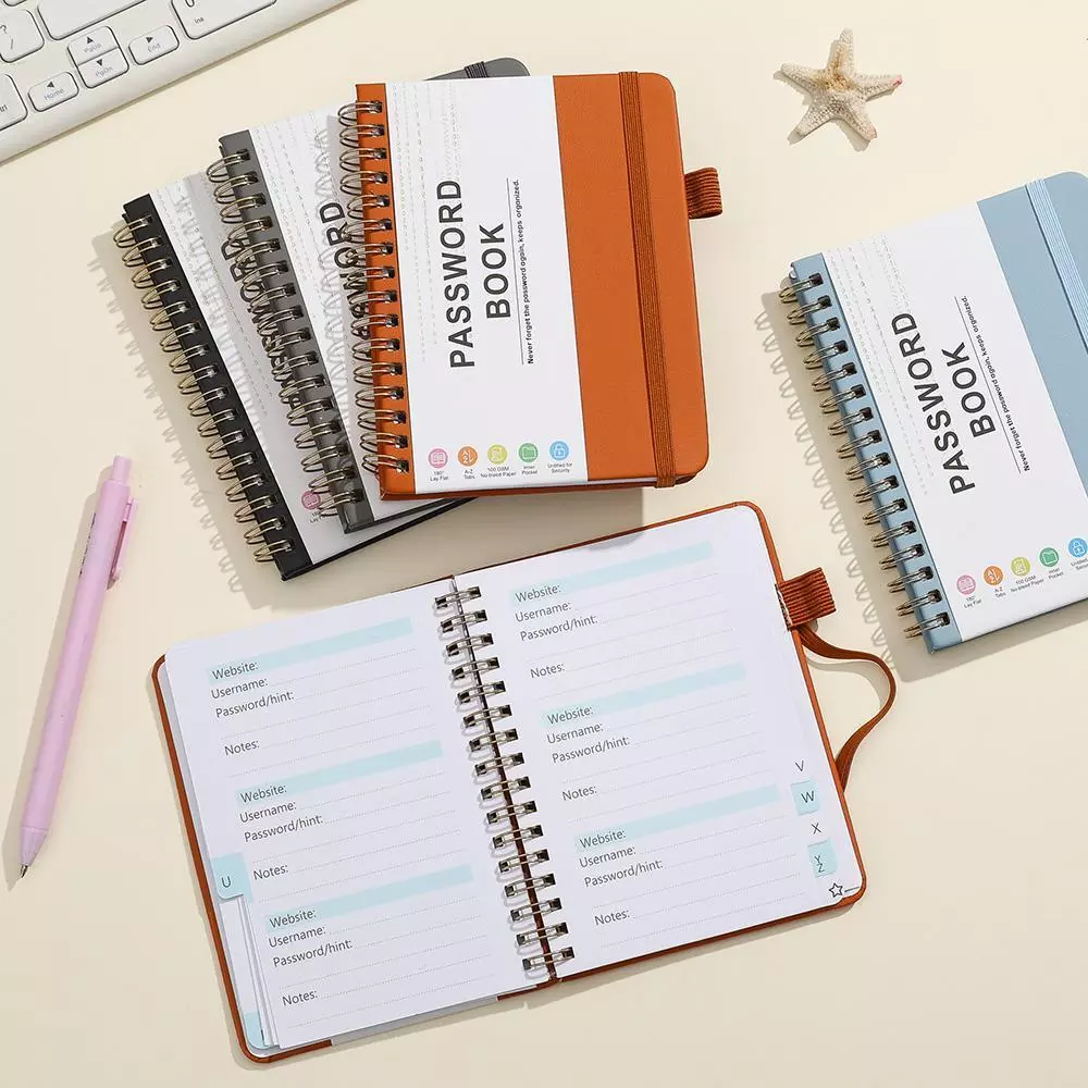 สมุดจดรหัสผ่าน A6 สมุดบันทึก Password Book ปกหนัง PU มีดัชนี A-Z จัดเก็บรหัสเว็บไซต์ อีเมล พกพาง่าย พร้อมที่เสียบปากกา