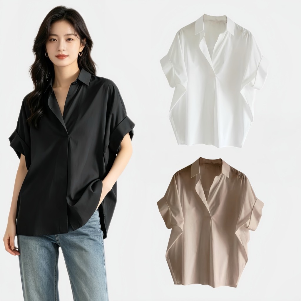 SGH0233 เสื้อเชิ้ตแขนค้างคาว เสื้้อสีดำ เสื้อยืดสีดำ คอวี ทรงหลวม สไตล์เกาหลี สำหรับผู้หญิง