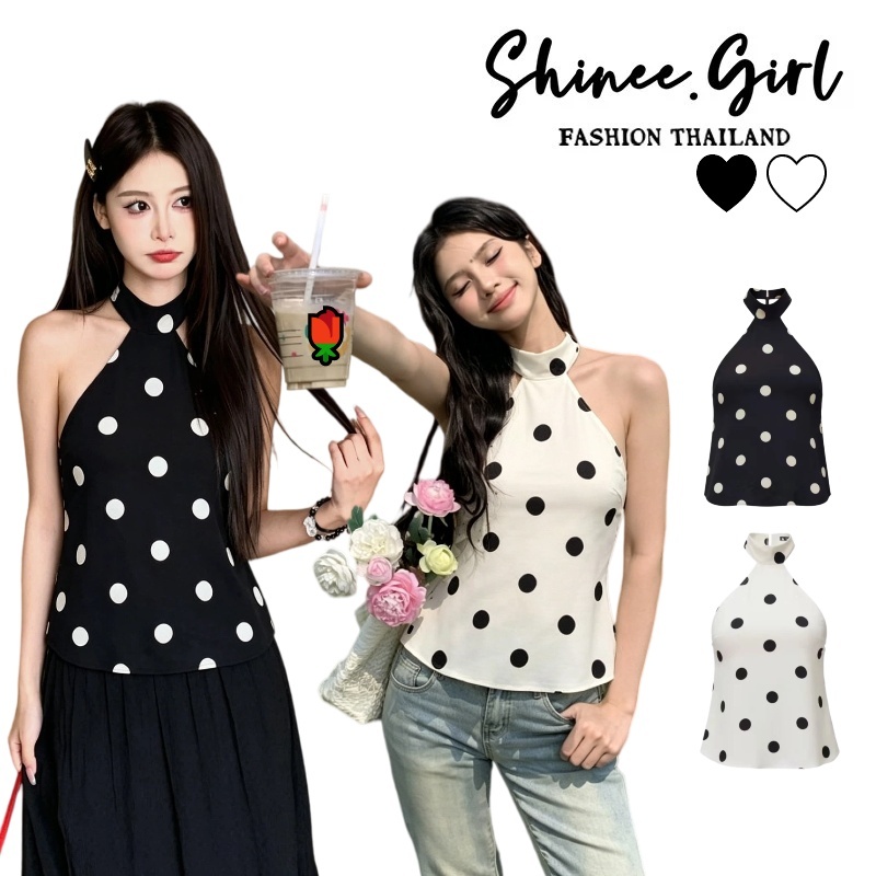 SHG🌹พร้อมส่ง🌹เสื้อครอปคอเต่าแขนกุด ลายจุด ผ้าสาตินสีพื้น มีสายผูกหลัง ทรงสวยสวย แมทซ์ง่าย สุดเซ็กซี่