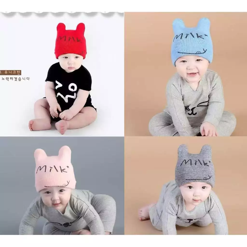 ไหมพรมหมวกMILKเด็กน่ารักมี4สีไหมพรมยืดนิ่ม หมวกมีหูตั้ง