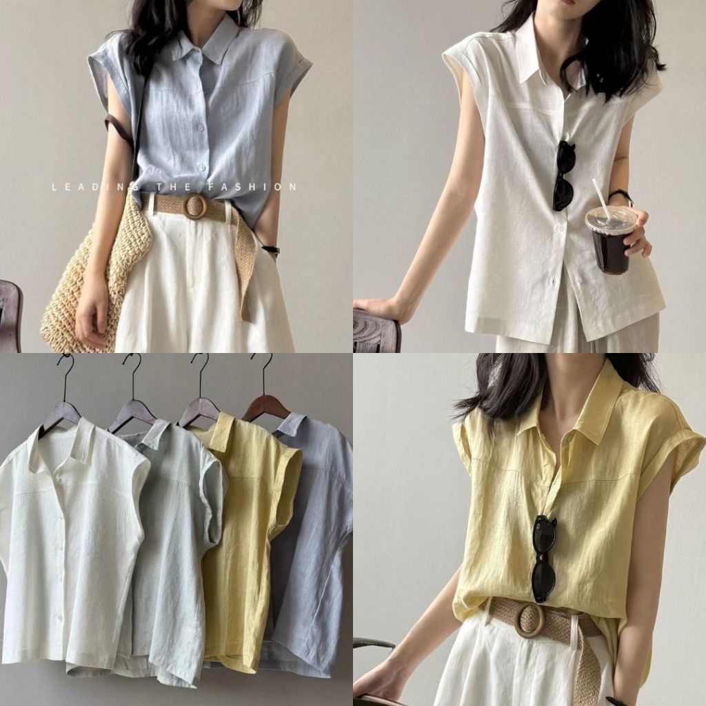 SP-33 เสื้อเชิ้ตผ้าลินินแขนกุด สำหรับผู้หญิง คอปก ทรงหลวม สไตล์เกาหลี มินิมอล ใส่สบาย เหมาะหน้าร้อน มีหลายสี