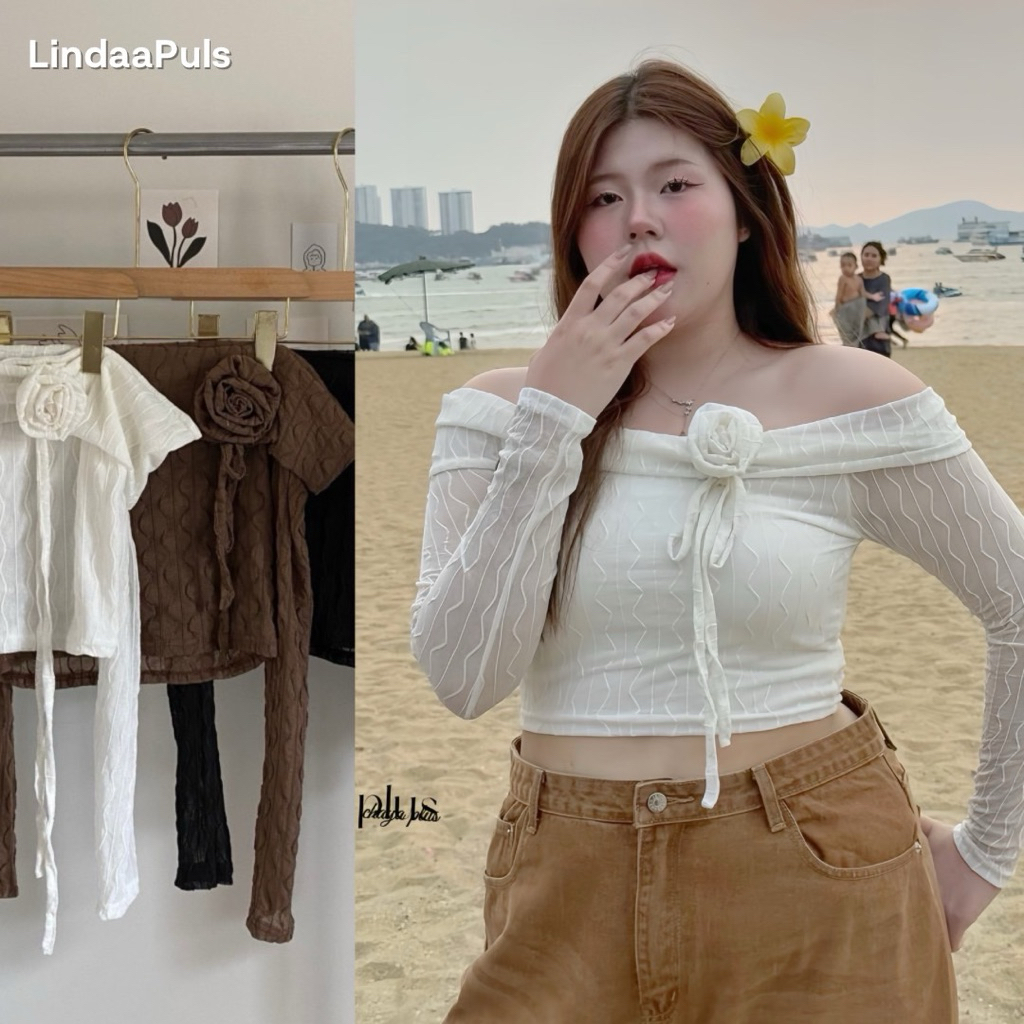 LindaaPlus-- เสื้อปาดไหล่สาวอวบอ้วนพร้อมดอกไม้แต่งอก ✨🌷เนื้อผ้าลายน้ำ มีซับในช่วงอก เหมาะกับหน้าร้อน ไปทะเล เริ่ดๆ