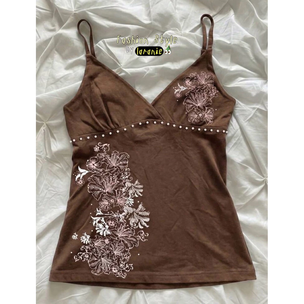 เสื้อแฟชั่น Y2K แต่งมุก สายเดี่ยวสีดำ พิมพ์ลายดอกไม้