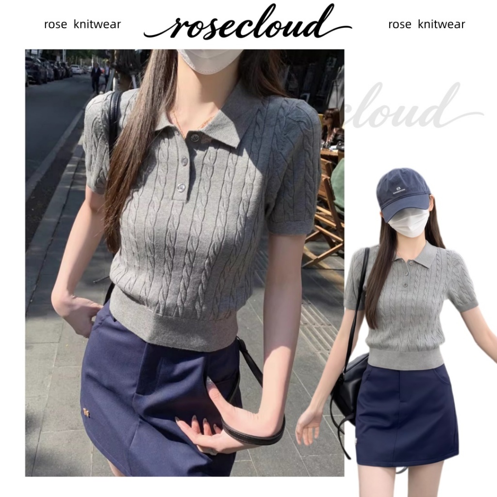 🌟rosecloud🌟เสื้อถักแขนสั้นผู้หญิงสีลูกกวาด เนื้อผ้าบางเบา ดีไซน์ไหล่เข้ารูป เหมาะสำหรับฤดูร้อนและช่วยให้ดูผอมเพรียว