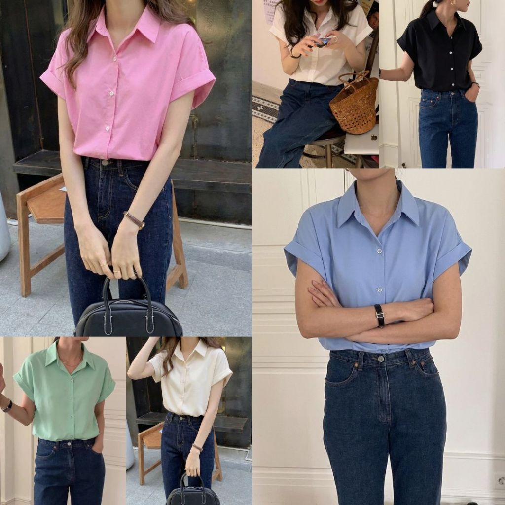 SP-31🍄เสื้อเชิ้ตสำหรับผู้หญิง ผ้านิ่มใส่สบาย เสื้อเชิ้ตพับแขนสุดน่ารัก สีพื้น แฟชั่นสไตล์เกาหลี มีไซส์สาวอวบใส่ได้ 🍄