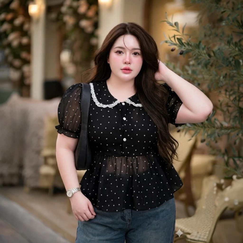 เสื้อพลัสไซส์ (ง58) Bella Puff อกใหญ่ใส่ได้ เสื้อสาวอวบ แขนพอง ผ้าชีฟอง ใส่สบาย ไม่รัด ลุคเกาหลี