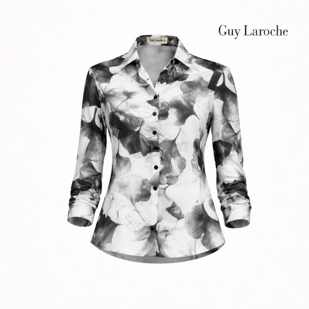 Guy Laroche เสื้อเชิ้ตผู้หญิงแขนสามส่วน ผ้าจอร์เจีย พิมพ์ลาย แบล็ค กิงโกะ สีดำ GCB1BL