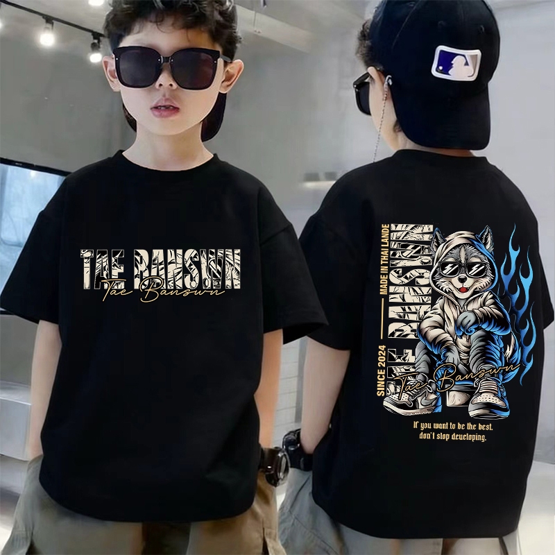 พร้อมส่ง ส่งจากไทย COD ผ้าฝ้าย100% เสื้อยืดเด็ก TAE BANSWN ลวดลายการ์ตูน นุ่มสบาย ทรงหลวม อายุ 3-12ปี สินค้าใหม่