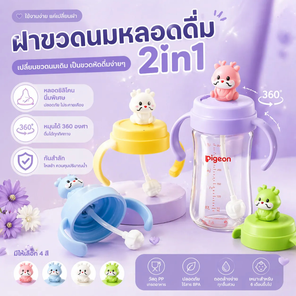 ฝาปิดขวดนมคอกว้างพร้อมหลอดดูด ใช้เปลี่ยนขวดนมให้เป็นแก้วหัดดื่ม บลายการ์ตูนปลอดภัย BPAFreeทนความร้อน