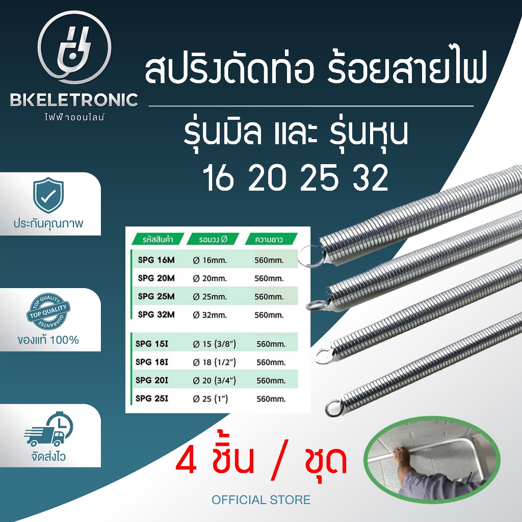 สปริงดัดท่อ ขนาด 16-32 มม. และ (3/8"-1") 4 ชิ้น/ชุด ใช้กับท่อพีวีซีและท่อสายไฟ ทั้งแบบมิลและหุน