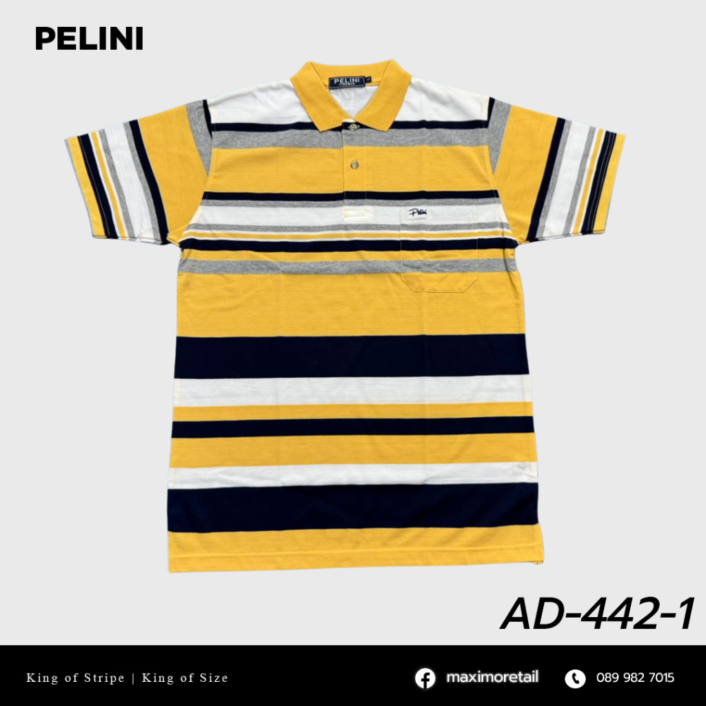 เสื้อโปโลแขนสั้นผู้ชายมีกระเป๋า  Pelini คอปก ลายริ้ว คลาสสิค สไตล์ยุโรป สำหรับผู้ใหญ่ รุ่น AD-442-1