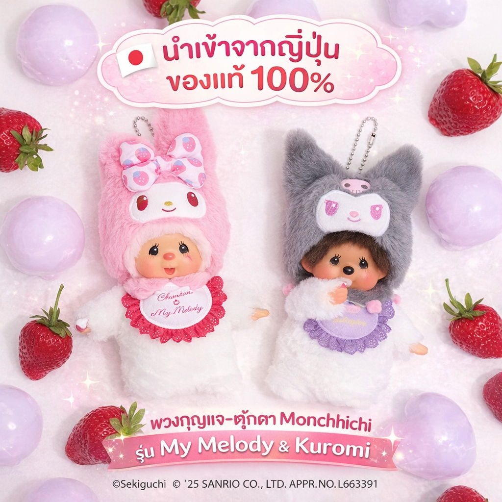 🔥ส่งไว  แท้💯 Monchhichi My Melody Kuromi พวงกุญแจตุ๊กตานำเข้าจากญี่ปุ่น รุ่นหายาก ห้อยกระเป๋าได้