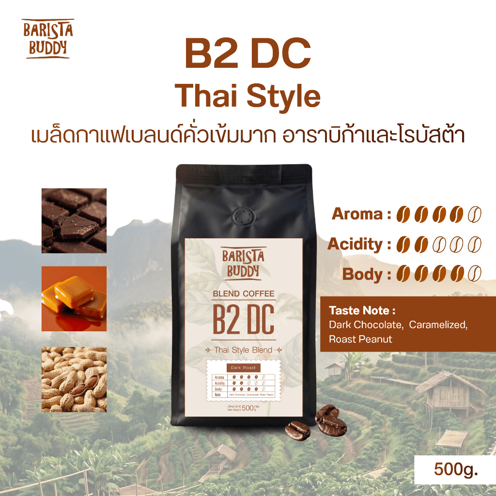 [บริการบดฟรี !!] Barista Buddyเมล็ดกาแฟเบลนด์คั่วเข้มมาก รสเข้มกาแฟไทย อาราบิก้าและโรบัสต้า - B2 DC 5 ขนาด 500 กรัม