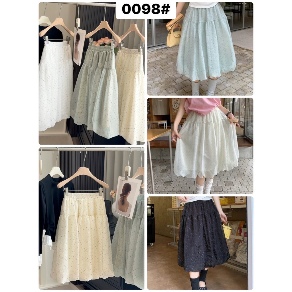 0098# กระโปรงลายจุดเล็กรอบตัว ทรงบอลลูน5 ส่วน เอวยางยืดรอบ