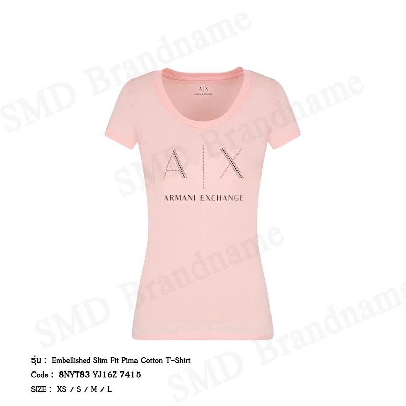 Armani Exchange เสื้อยืดคอกลมผู้หญิง รุ่น A/X Embellished Slim Fit Pima Cotton T-Shirt Code: 8NYT83 YJ16Z 7415
