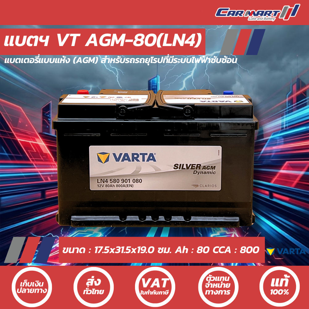 แท้ 100% แบตเตอรี่รถยนต์ VARTA AGM 80 Ah-95 Ah พร้อมใช้ แกะกล่องใช้งานได้ทันที