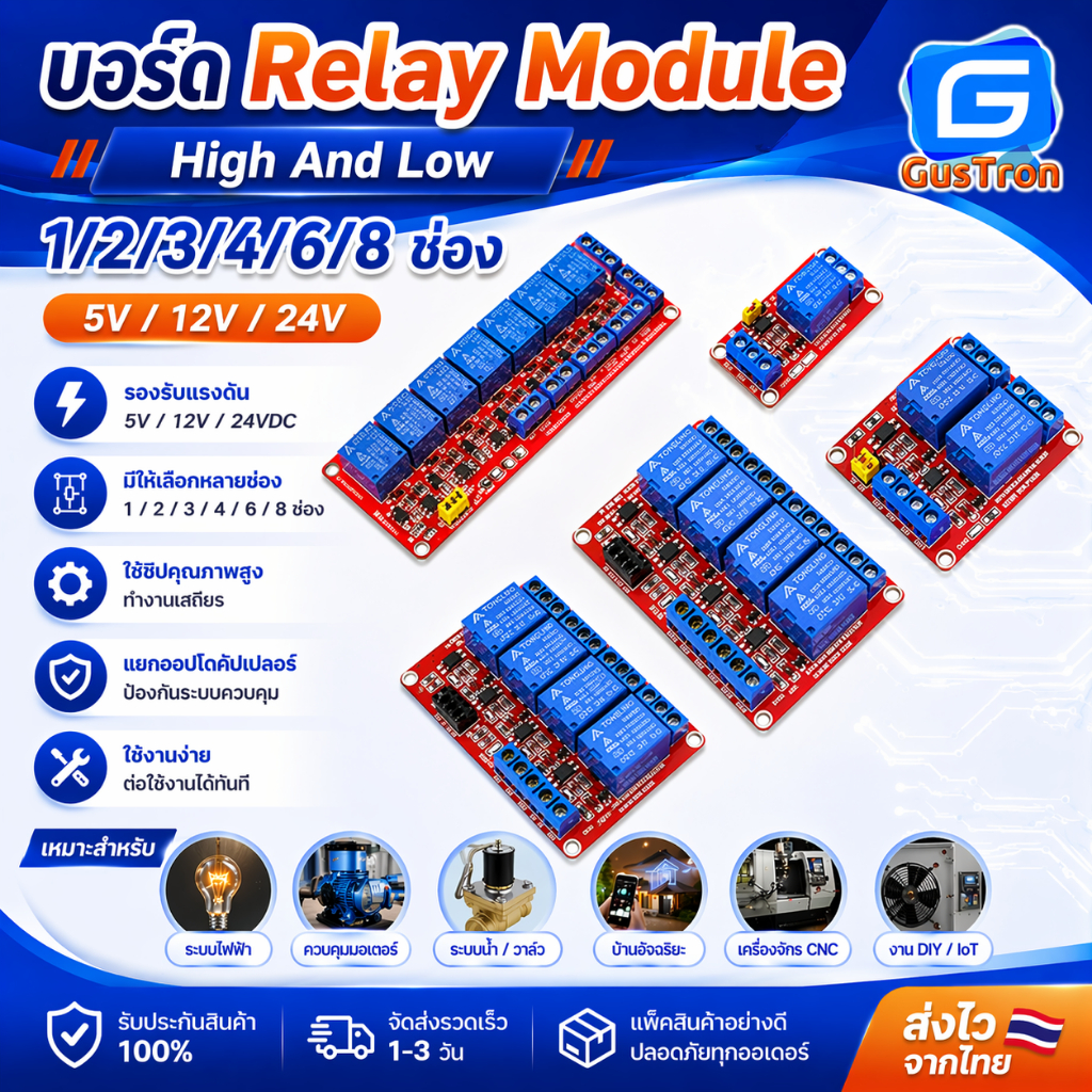 โมดูลบอร์ดรีเลย์ 5V 12V 24V Relay  Module isolation High And Low Trigger 250V/10A 1/2/3/4/6/8 ช่อง