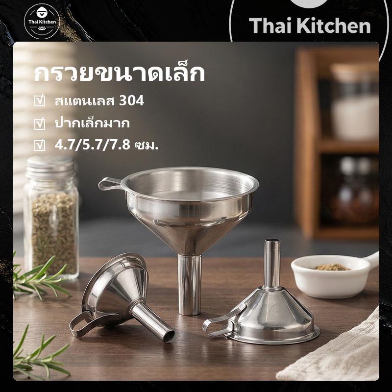 กรวยสแตนเลส 304 มี 3 ขนาด มีหูจับ ทนความร้อน ใช้กรอกน้ำมัน น้ำผึ้ง ของเหลว จัดส่งจากกรุงเทพฯ