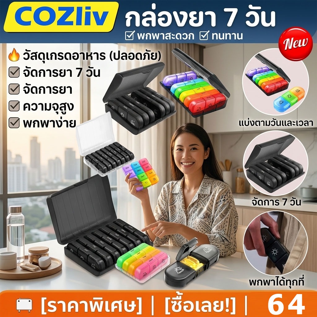 COZliv กล่องยารายสัปดาห์กันแสง แบบพกพา กล่องใส่ยา กล่องแบ่งยา กล่องเก็บยา พกพา ตลับยา ตลับใส่ยา จุของได้เยอะ 7 วันส่งฟรี