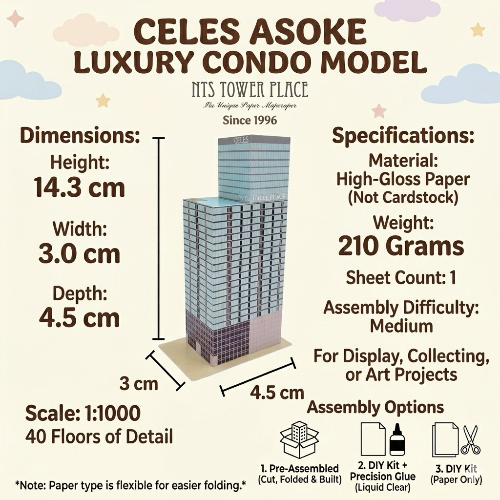 โมเดลตึกกระดาษ คอนโดมิเนียมสุดหรู CELES Asoke มี 40 ชั้น สูง 14.3 ซม.