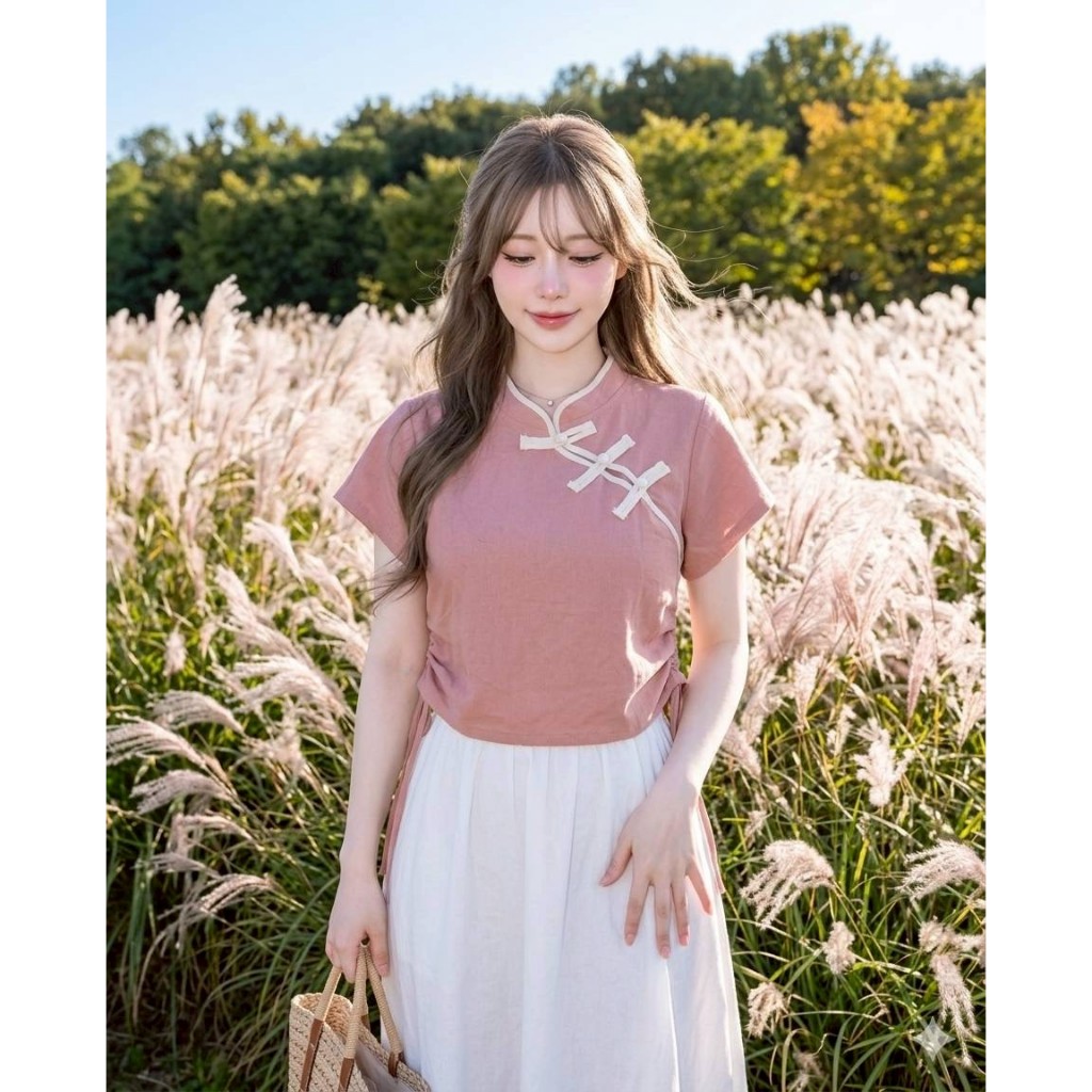 เสื้อผ้าฝ้ายคอจีนแขนสั้น แต่งกระดุมรูดข้าง งานใหม่น่ารัก  ในส่ทำงานได้ค่า