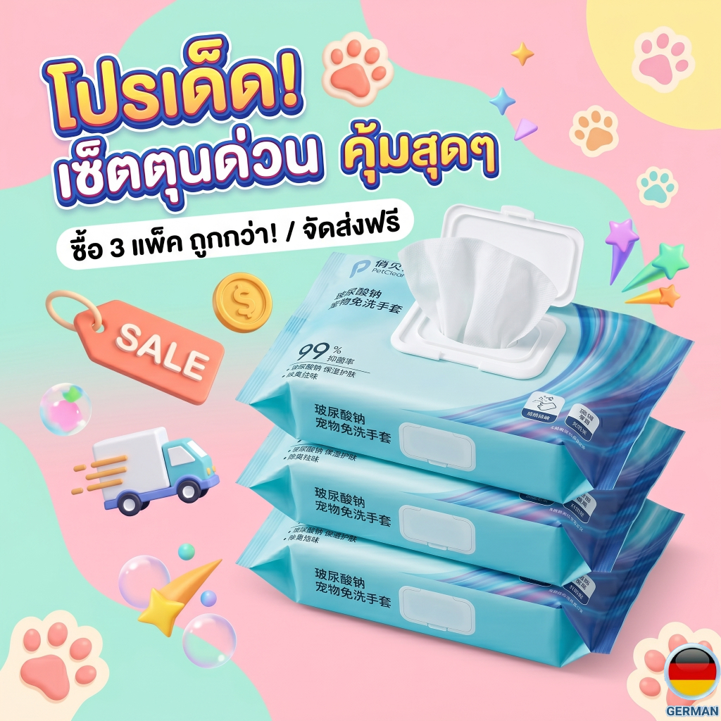 PetClear ถุงมือสปาสัตว์เลี้ยง อาบแห้ง ฆ่าเชื้อ 99% ทิชชู่เปียกหมาแมว สูตรไฮยาลูรอน